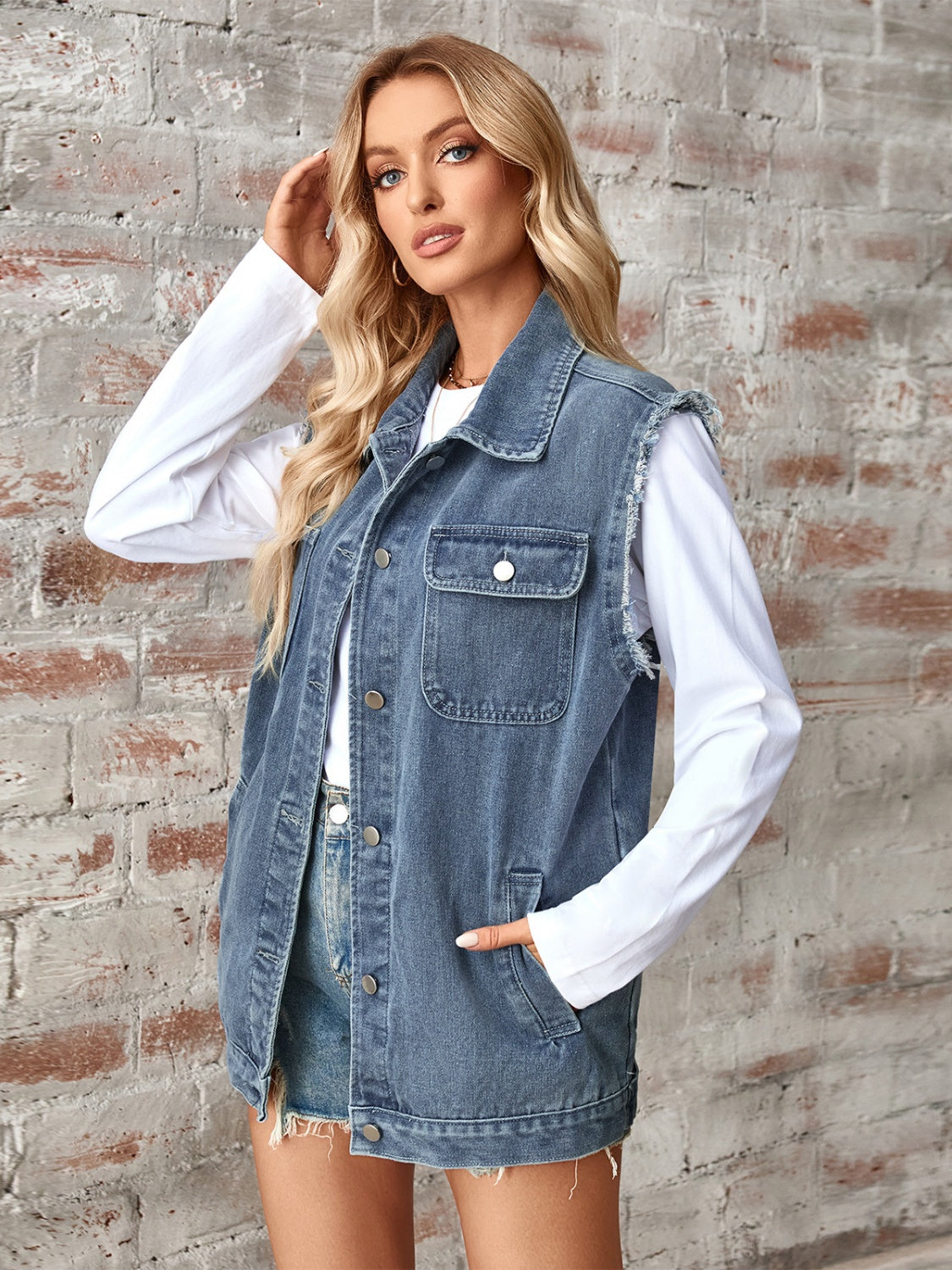 we57 Raw Hem Sleeveless Button Up Denim Vest