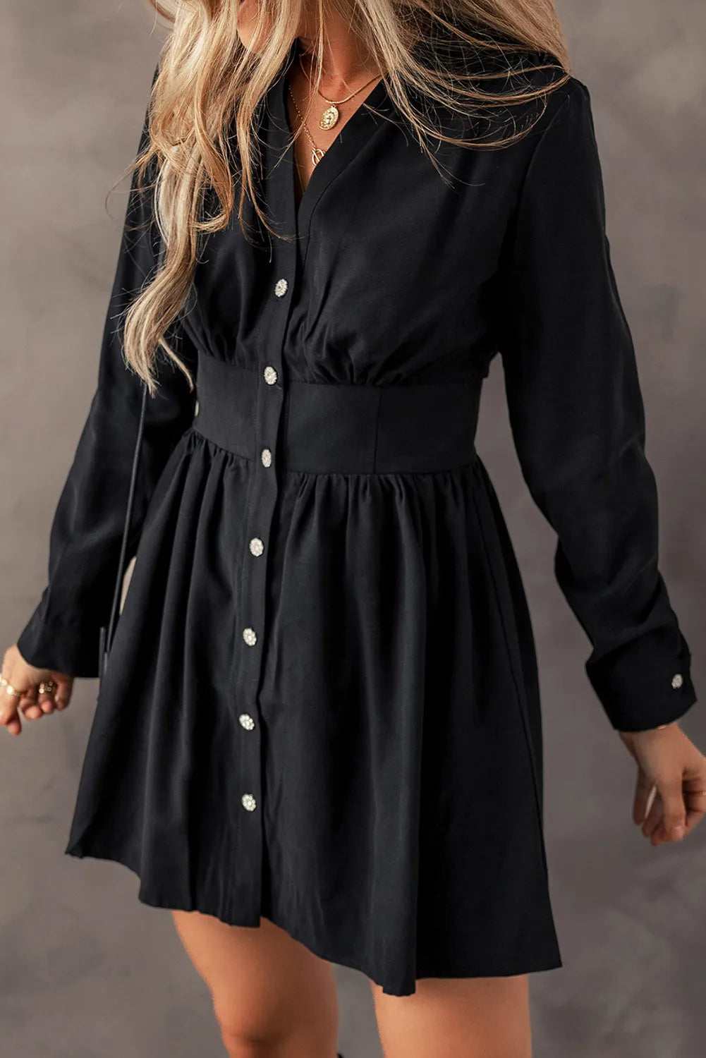 Black + Crystal Button Up Long Sleeve Dress