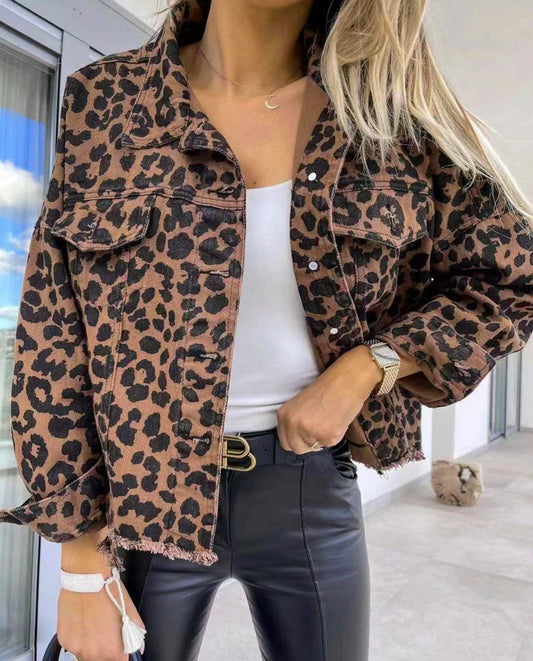 Distressed Hem Leopard Denim Jacket