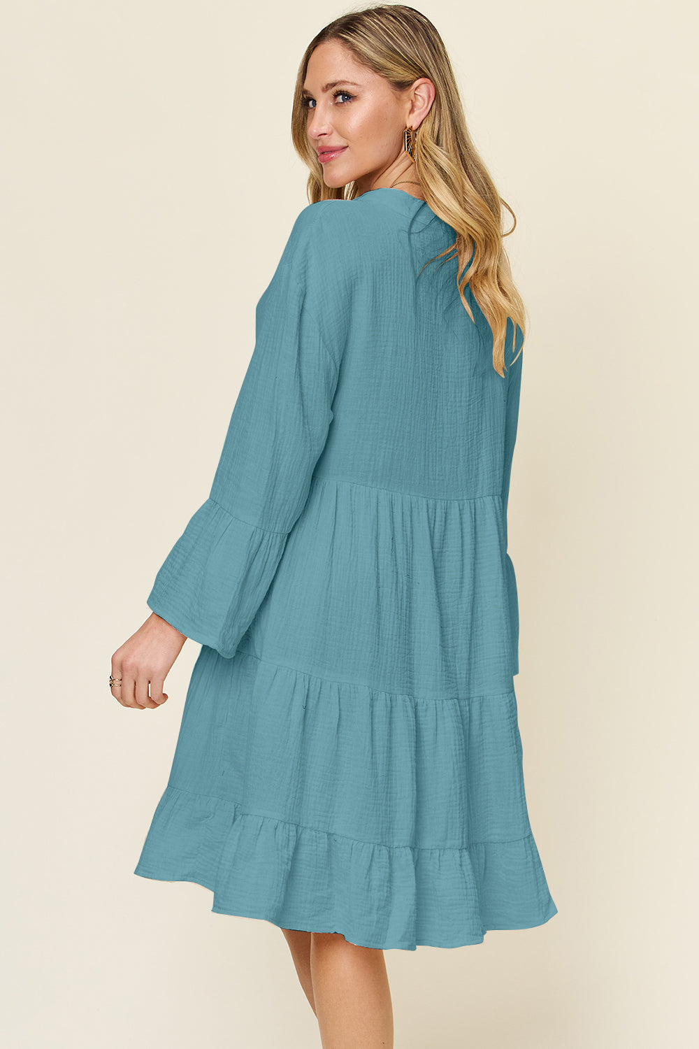 we-3-19 Textured Button Up Ruffle Hem Dress