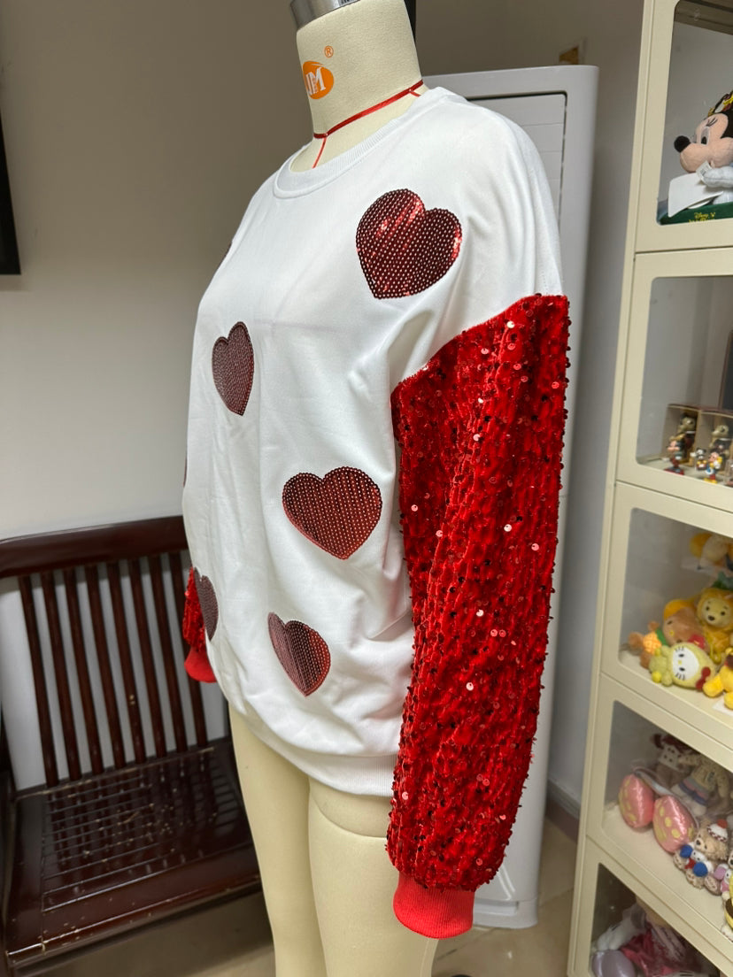 We187 Valentine's Day Sequined Sleeves Versatile Top Sweet Style Long Sleeve Pullover for Women