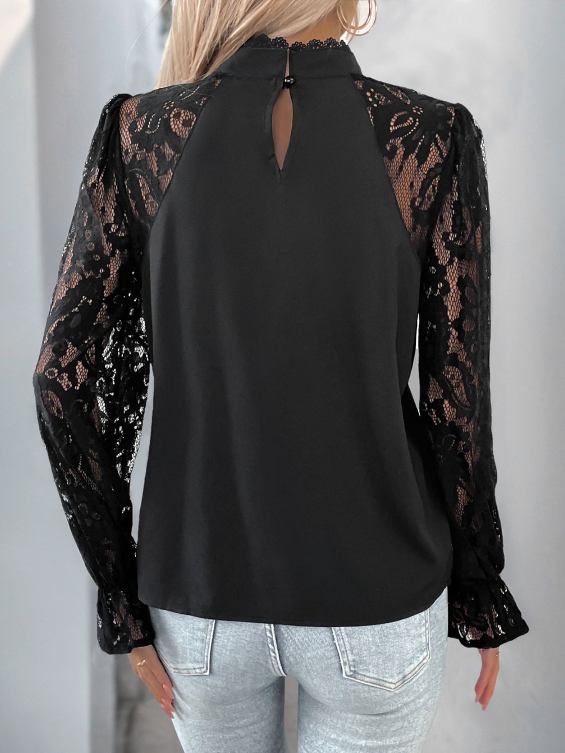 Black Mock Neck Lace Long Sleeve Blouse