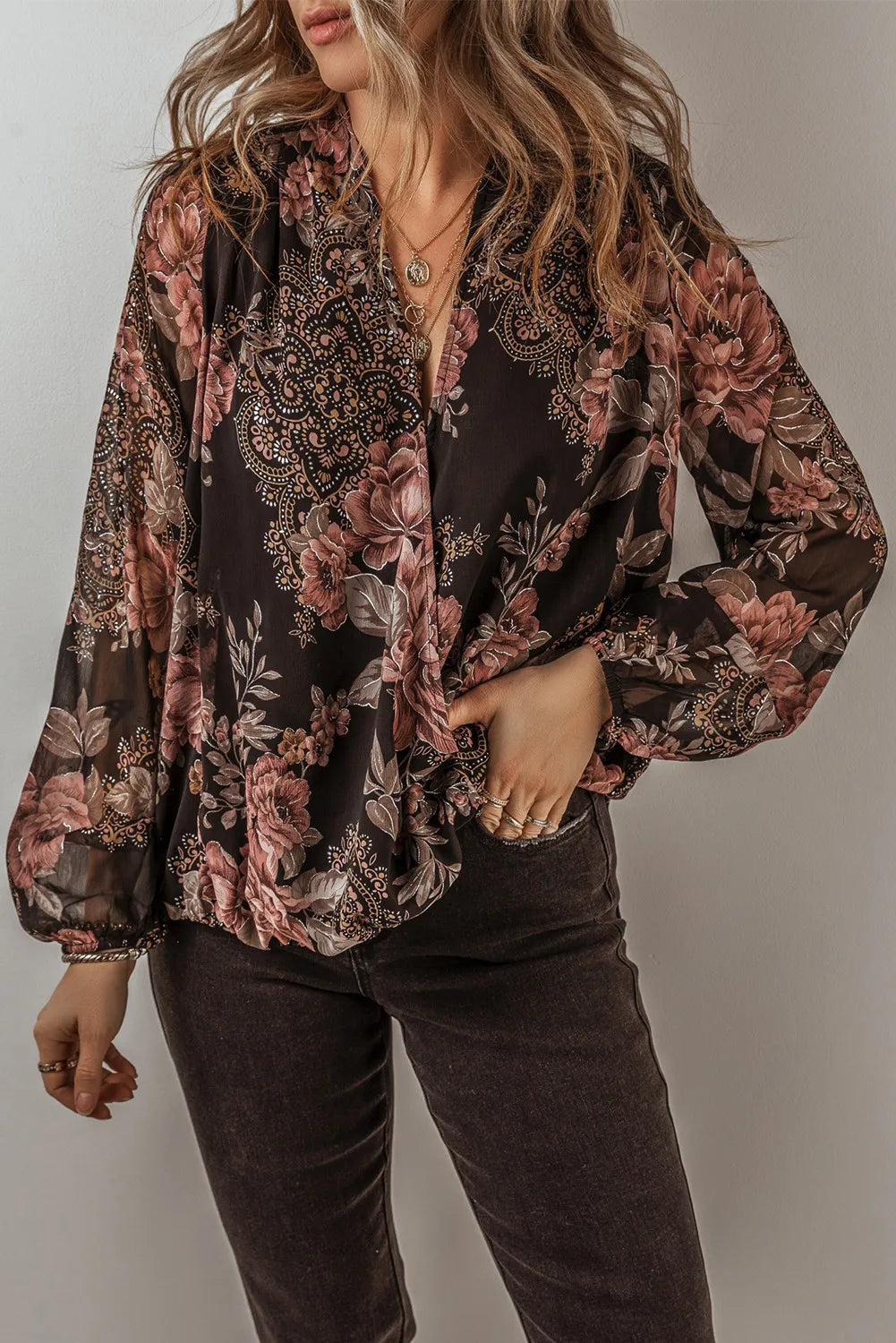 Black Multi Print Long Sleeve Blouse