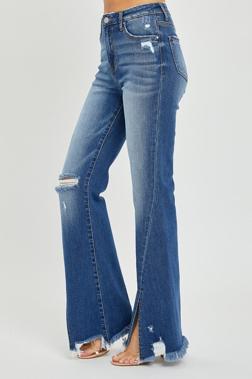 High Rise Front Slit Frayed Hem Flare Jeans