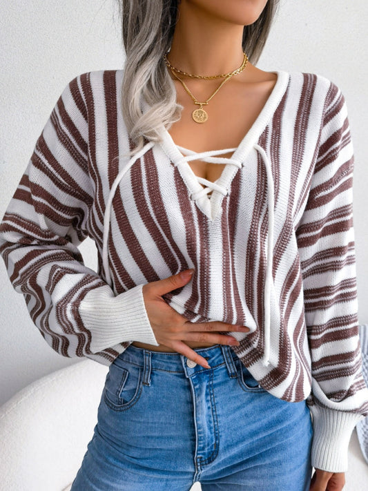 we51 Striped Lace-Up Long Sleeve Sweater