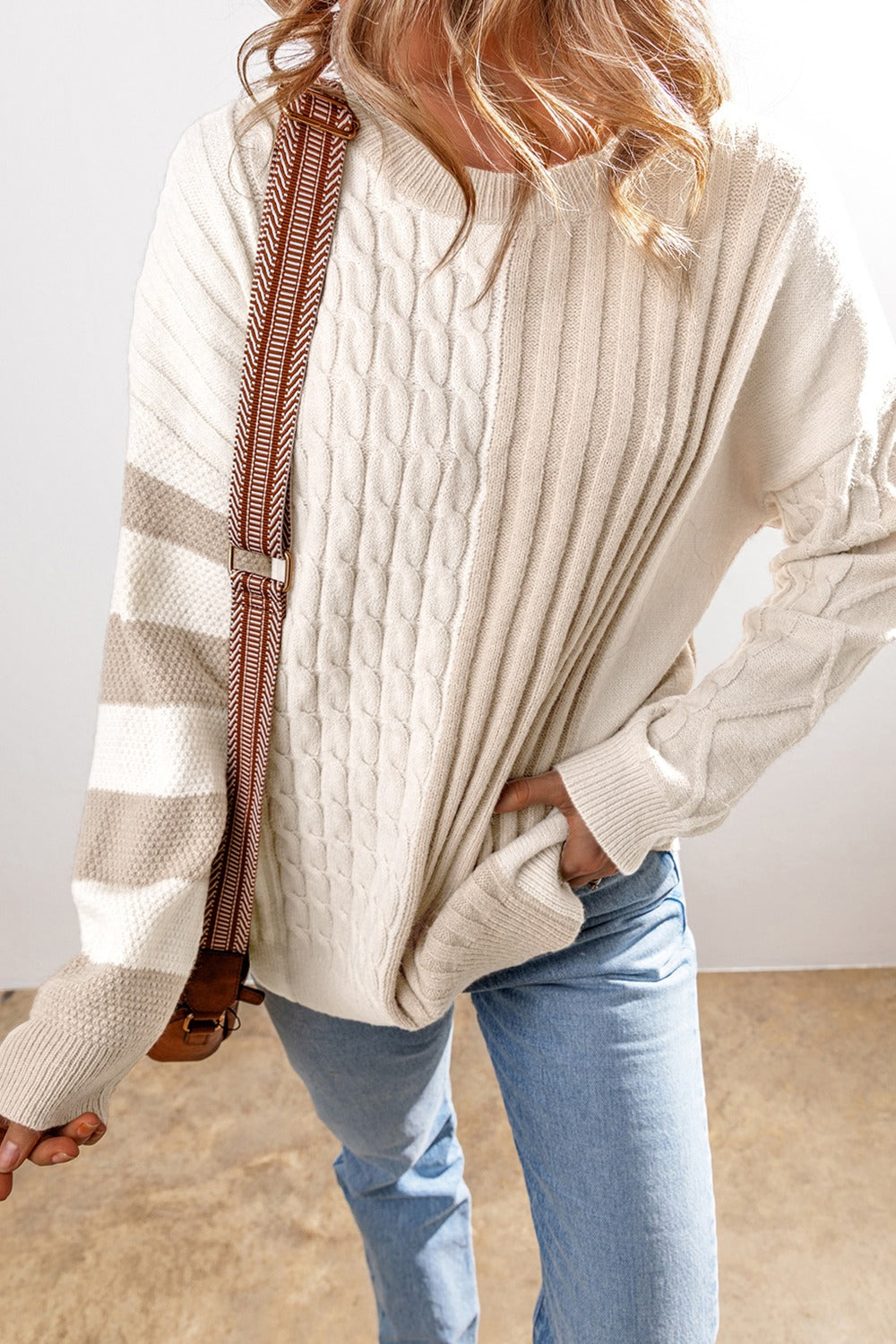 we89 Neutrals Color Block Round Neck Sweater