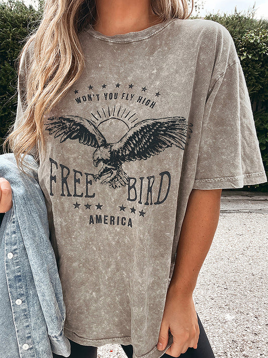 2025 Retro Eagle Printed Street Short Sleeved Top for Women 100% Cotton CGK206