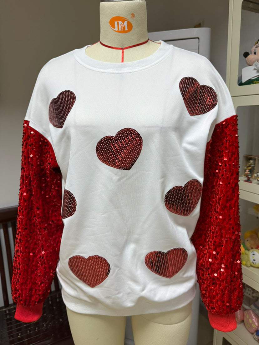 We187 Valentine's Day Sequined Sleeves Versatile Top Sweet Style Long Sleeve Pullover for Women