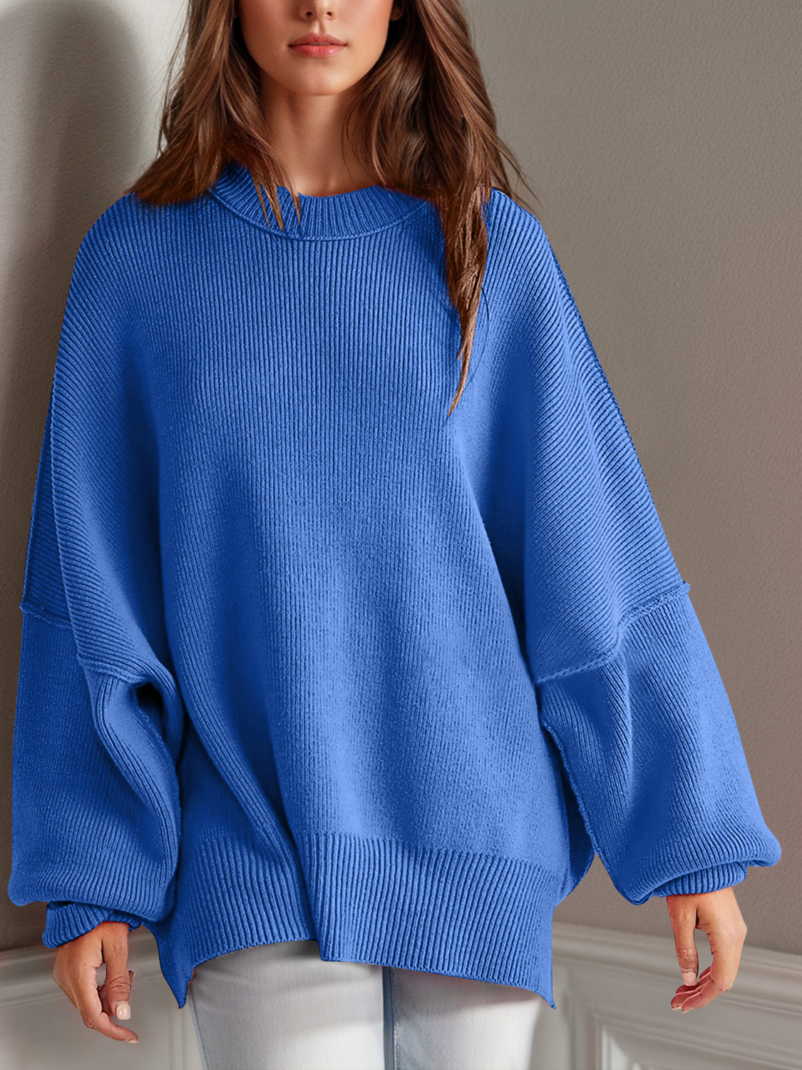 we81 Side Slit Round Neck Long Sleeve Sweater