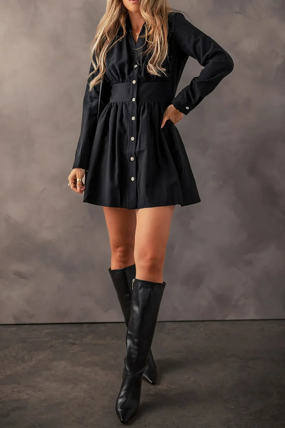 Black + Crystal Button Up Long Sleeve Dress