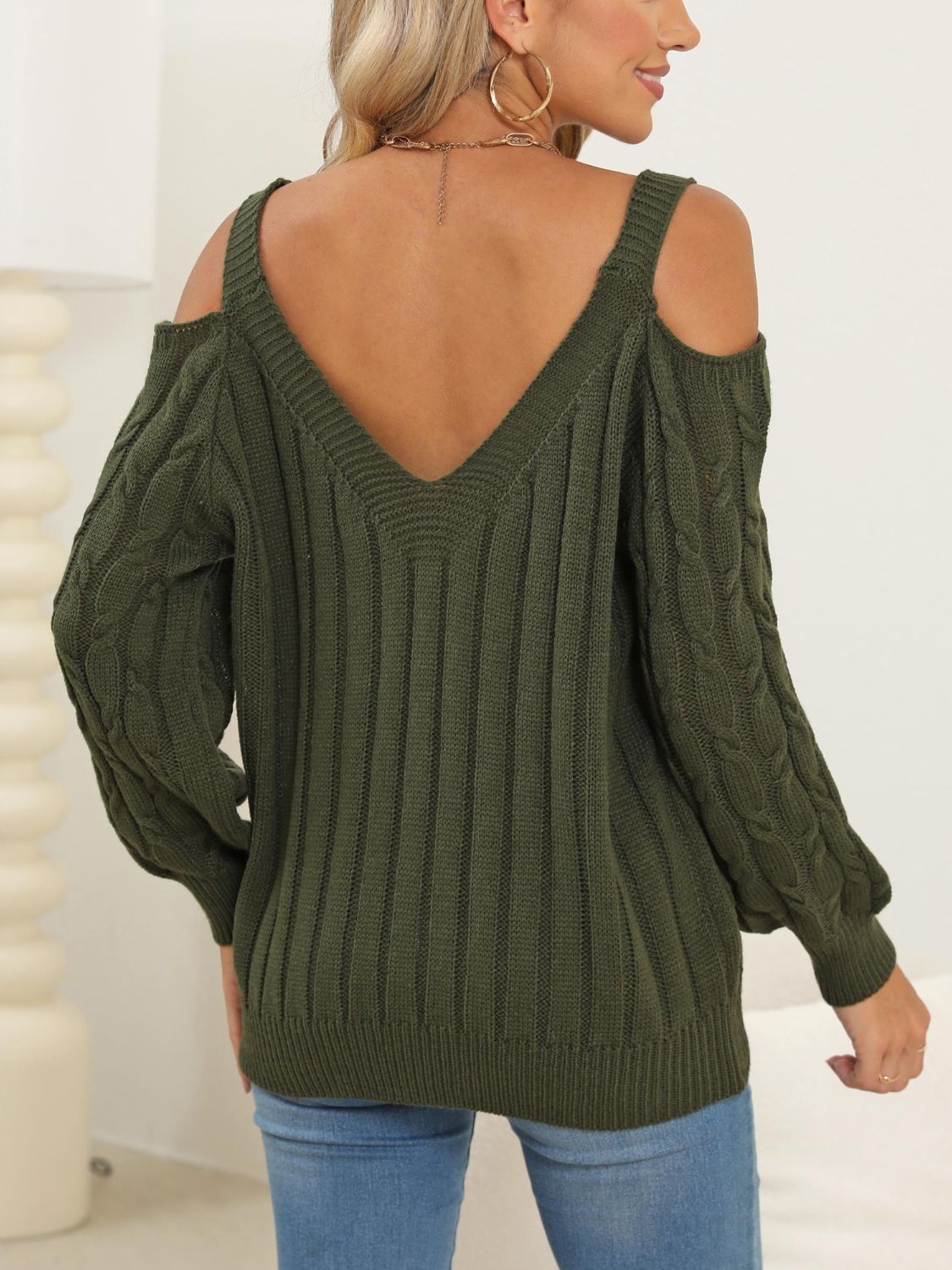 we63 Knit V-Neck Cutout Long Sleeve Sweater