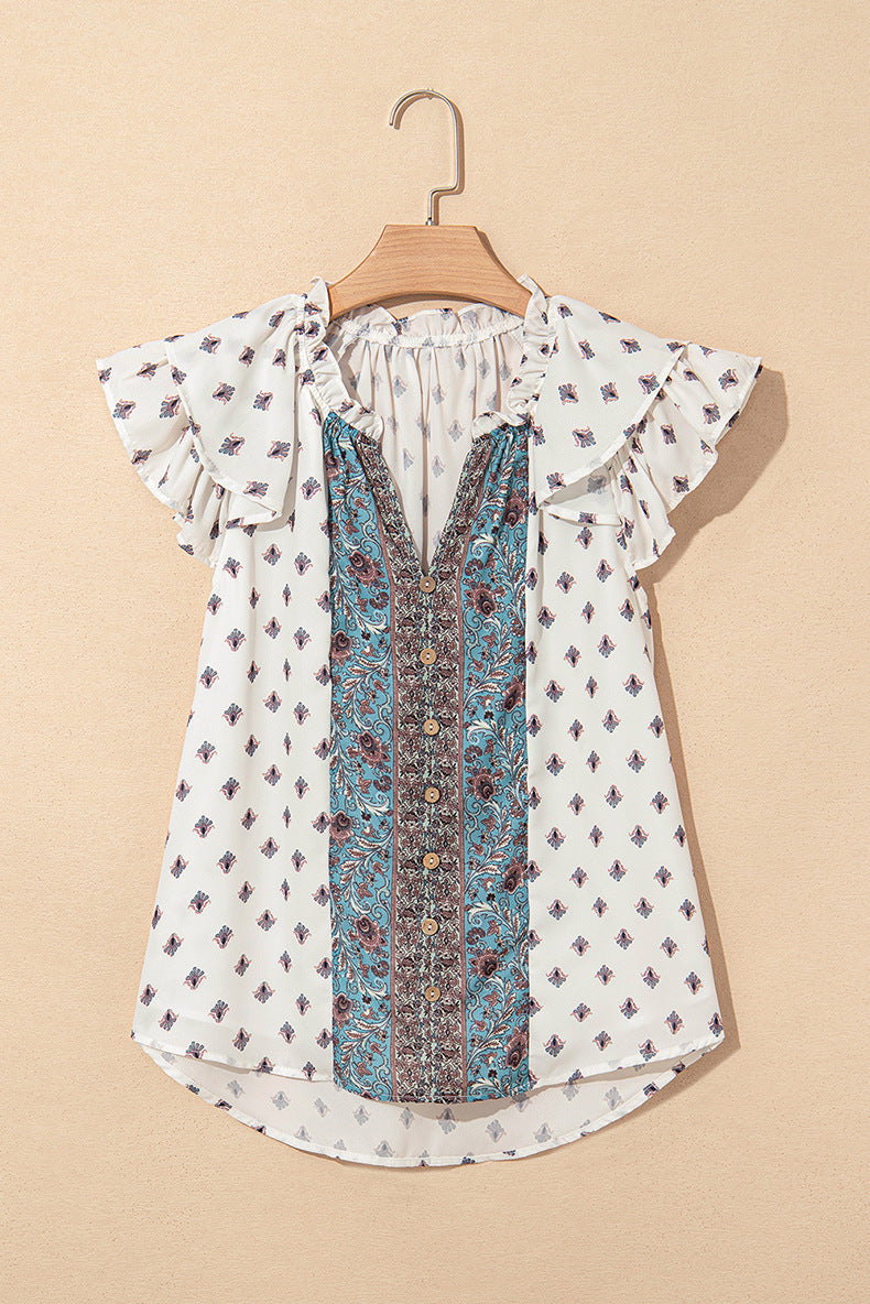 2025 Spring And Summer New Ethnic Style Printed V-neck T-shirt For Women CGK207