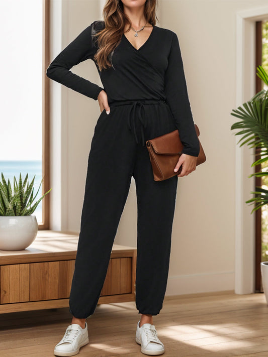 Black Tie Waist Long Sleeve Jumpsuit