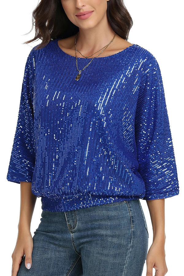 Solid Color Sequined Loose Round Neck Casual Top