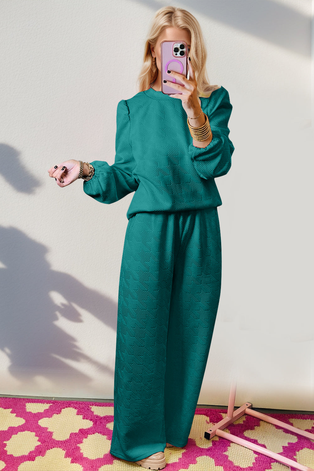 we39 Textures Long Sleeve Top and Wide Leg Pants Set