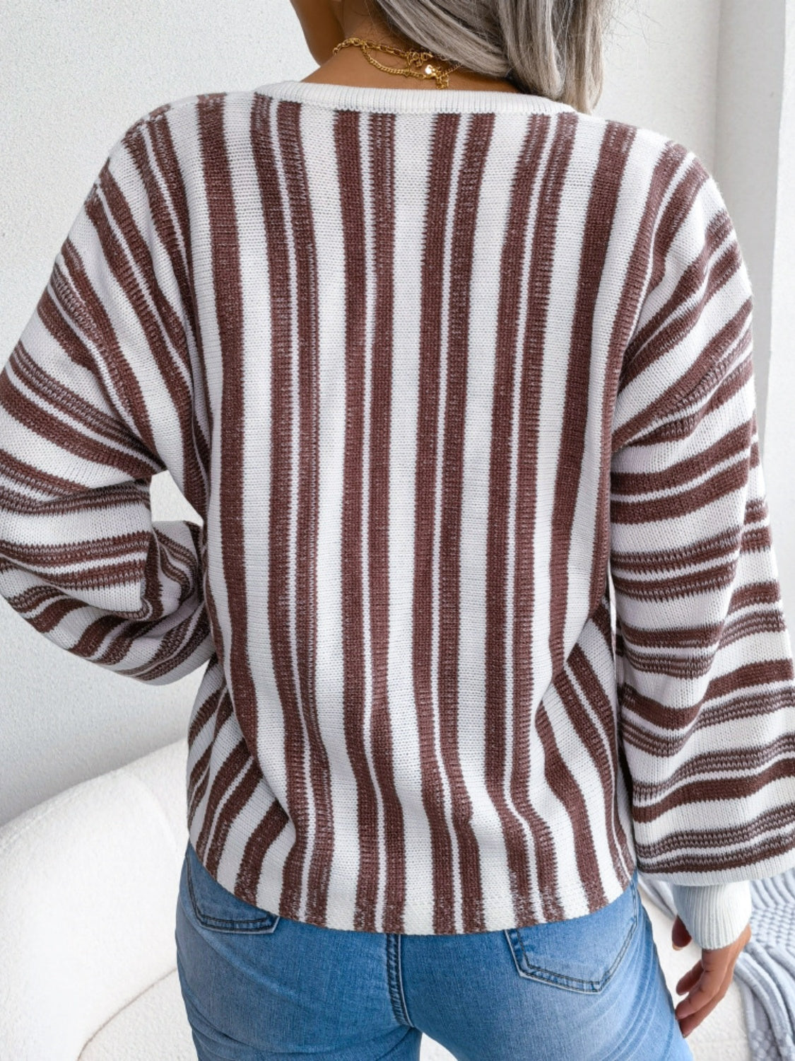 we51 Striped Lace-Up Long Sleeve Sweater