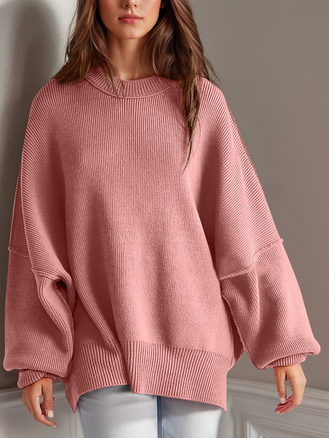 we81 Side Slit Round Neck Long Sleeve Sweater