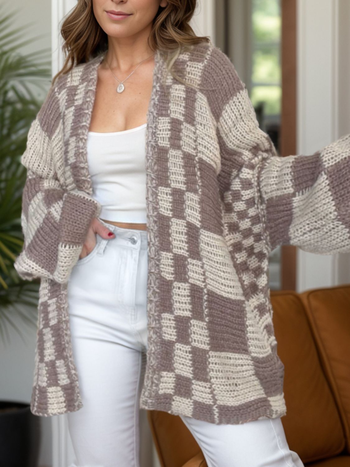 we66 Cozy Checkered Oversized Cardi