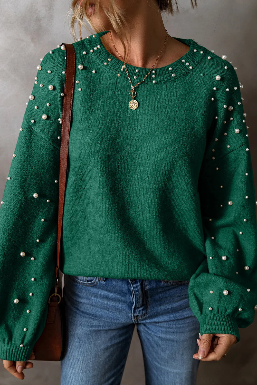 Pearl Detail Long Sleeve Sweater Multiple Colors