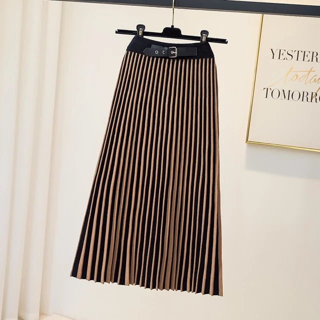 we26 Slim Striped Knitted Midi Long Skirt