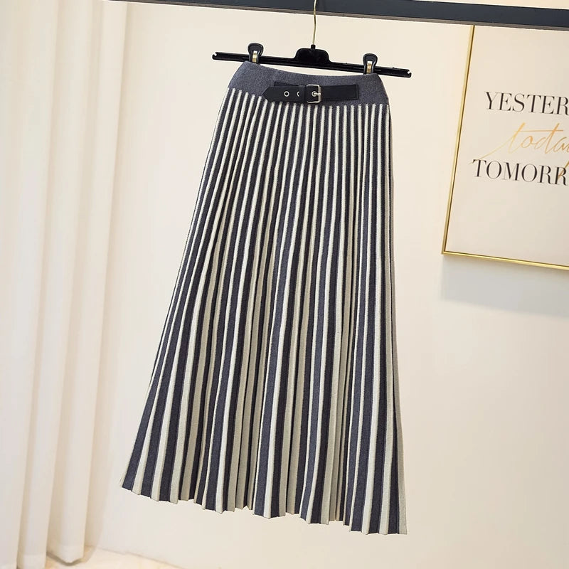 we26 Slim Striped Knitted Midi Long Skirt