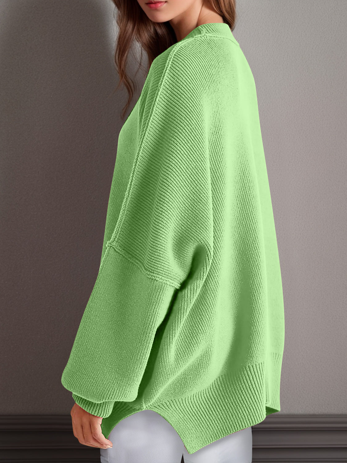 we81 Side Slit Round Neck Long Sleeve Sweater