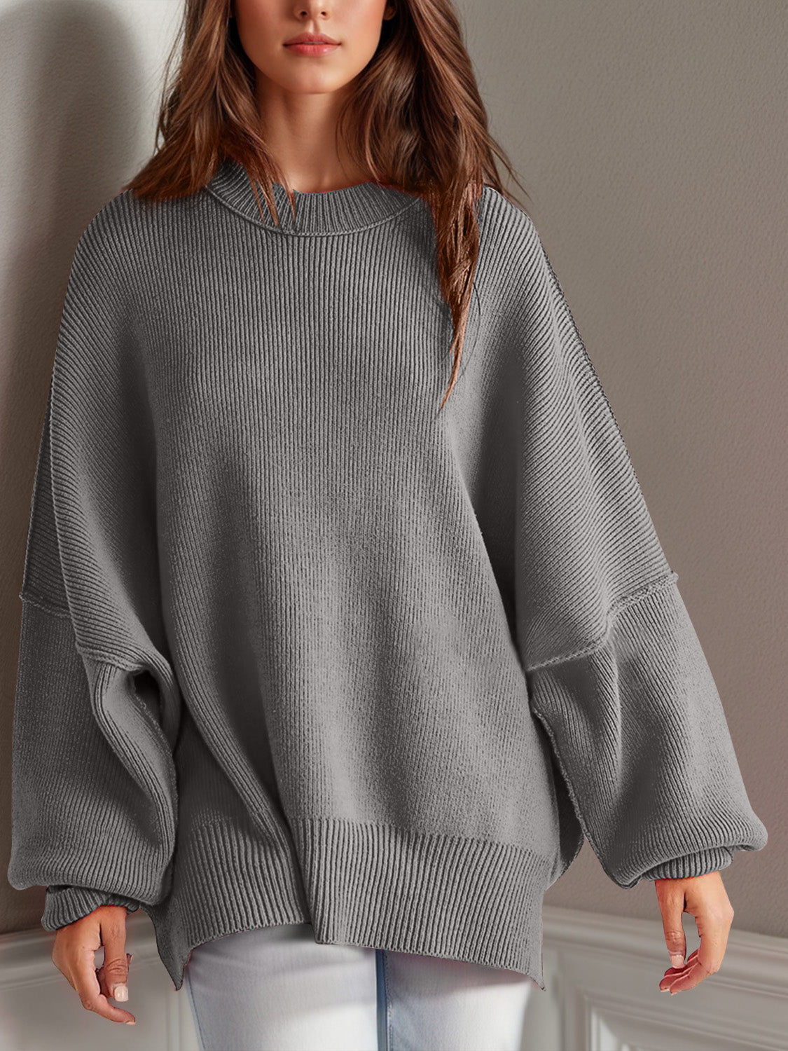 we81 Side Slit Round Neck Long Sleeve Sweater