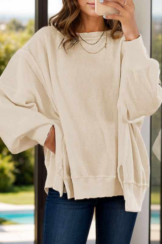 we54 Side Slit Waffle Knit Long Sleeve Top