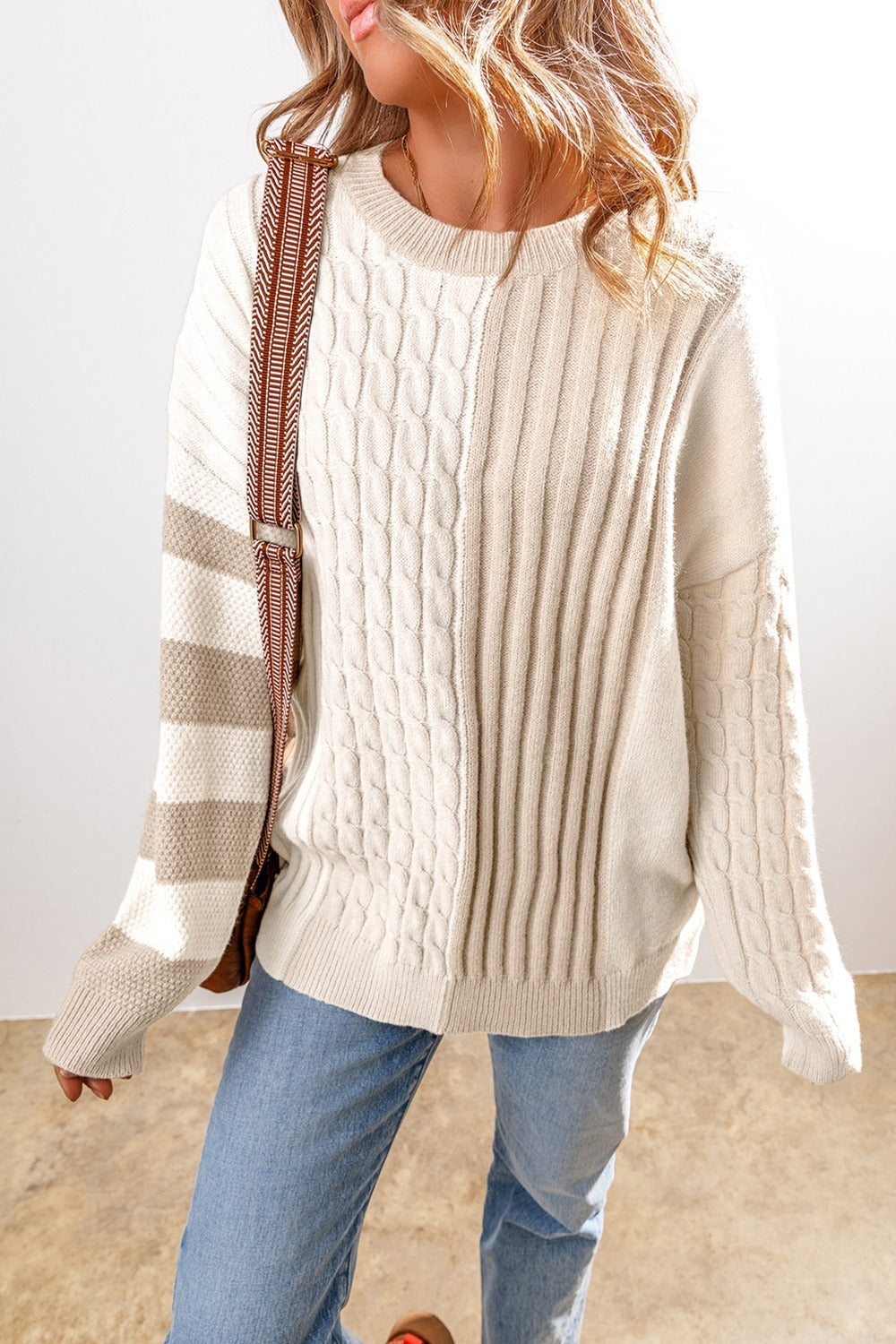 we89 Neutrals Color Block Round Neck Sweater