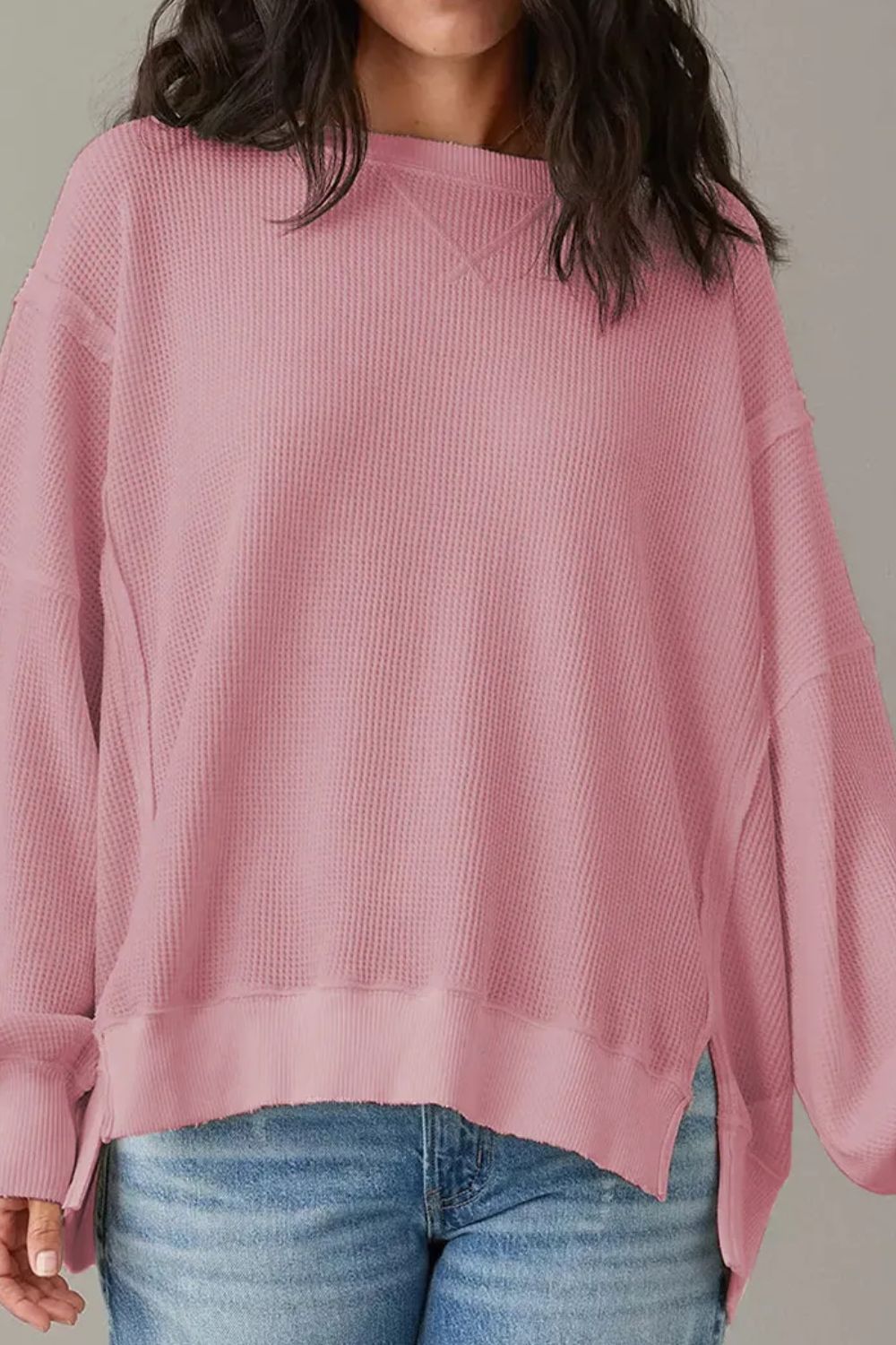 we54 Side Slit Waffle Knit Long Sleeve Top