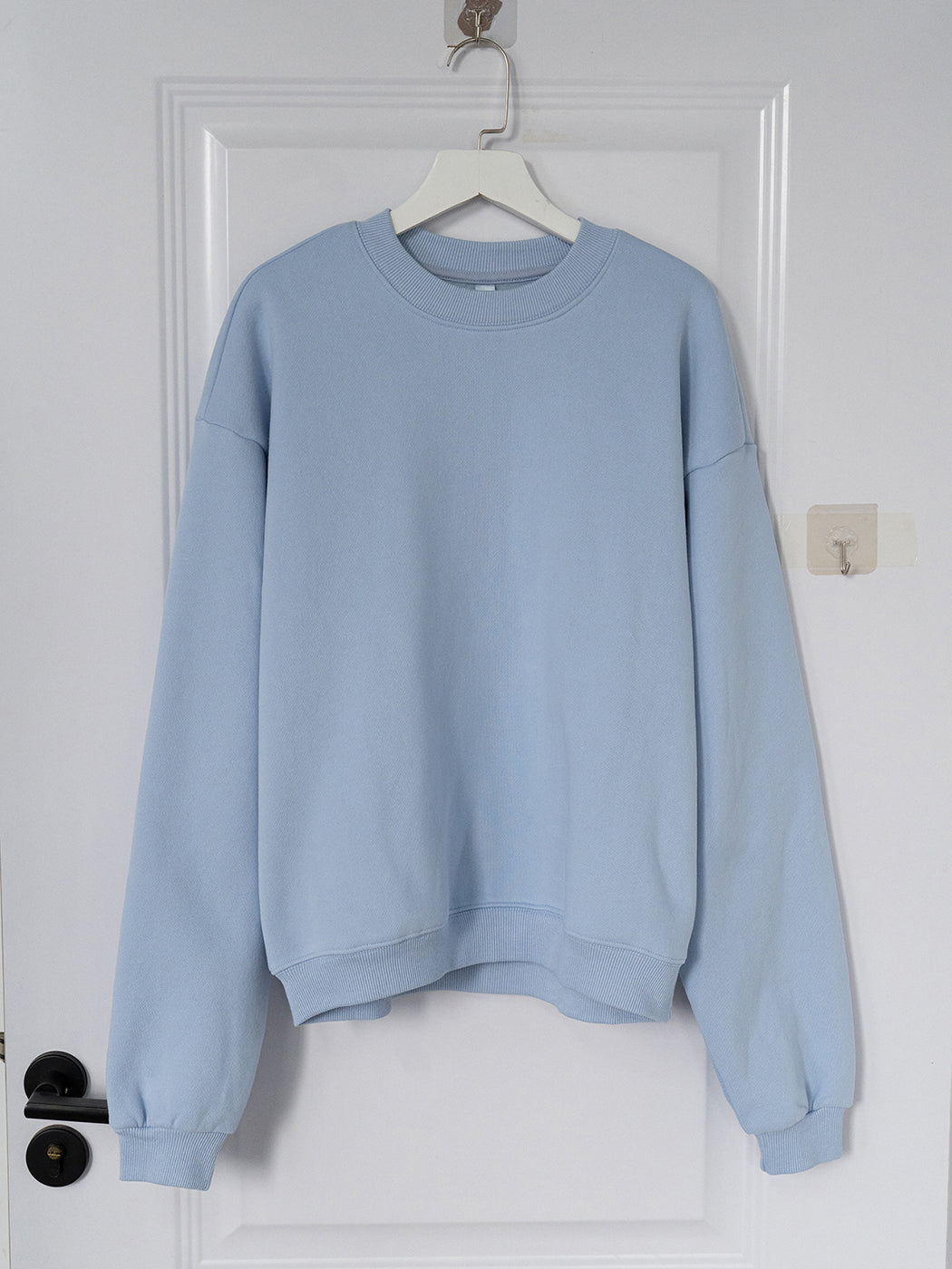 We190 Blue Style Solid Color Sweatshirt Casual Loose Hoodie Top Cotton Blend