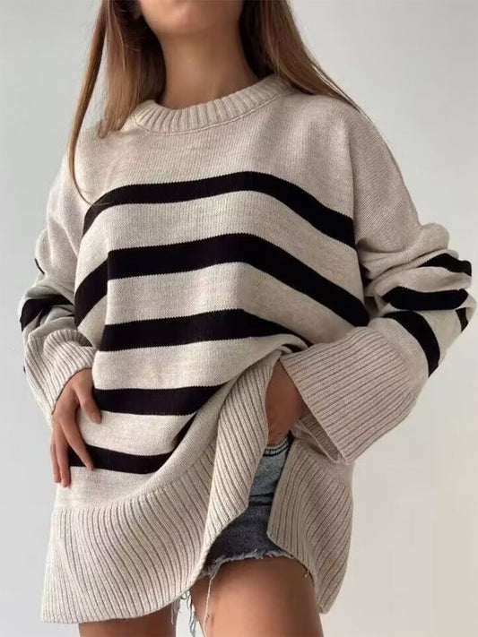 we53 Slit Striped Round Neck Sweater