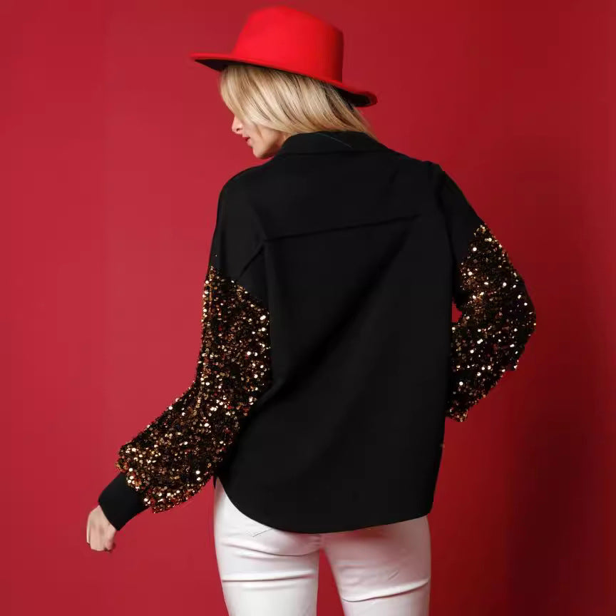 We122 Santa Claus Sequins Cute Single Breasted Sequin Long Sleeved Jacket Coat for Women