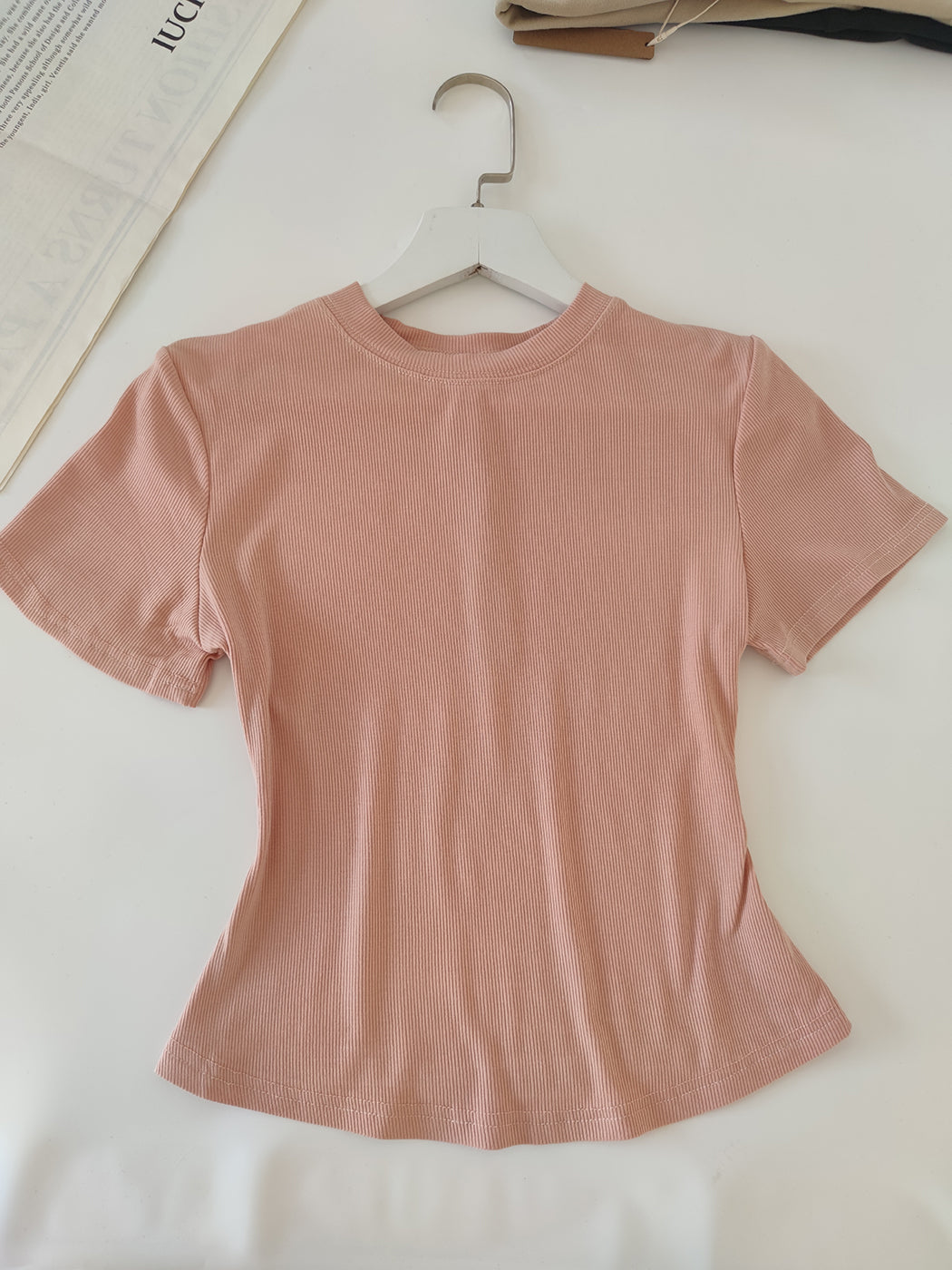 We108 Solid Color Ribbed Short Sleeve Women T-shirts Cotton Tees 12 Colors