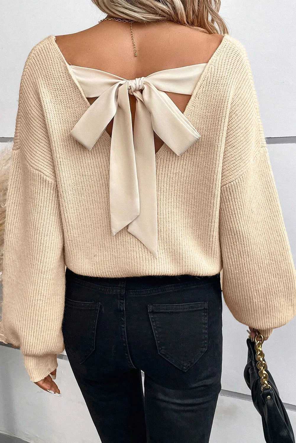 we48 Tied Bow V-Neck Long Sleeve Sweater