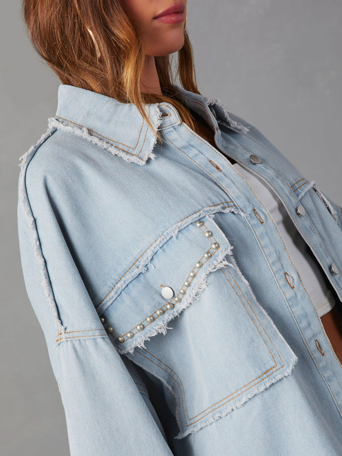 we72 Button Down Raw Hem Denim Jacket