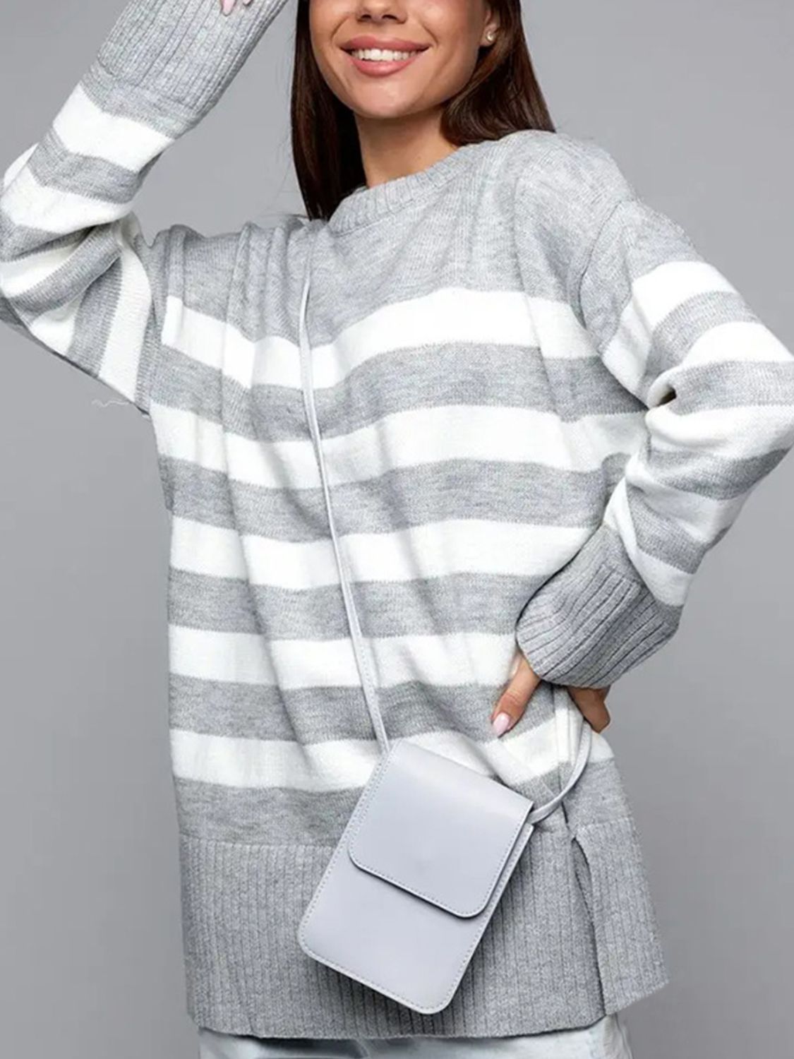 we53 Slit Striped Round Neck Sweater