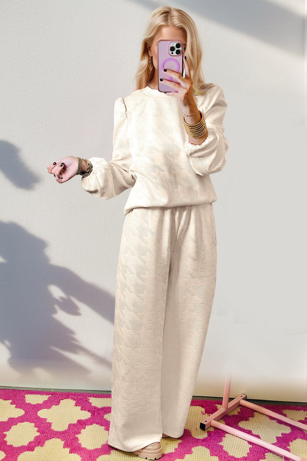 we39 Textures Long Sleeve Top and Wide Leg Pants Set