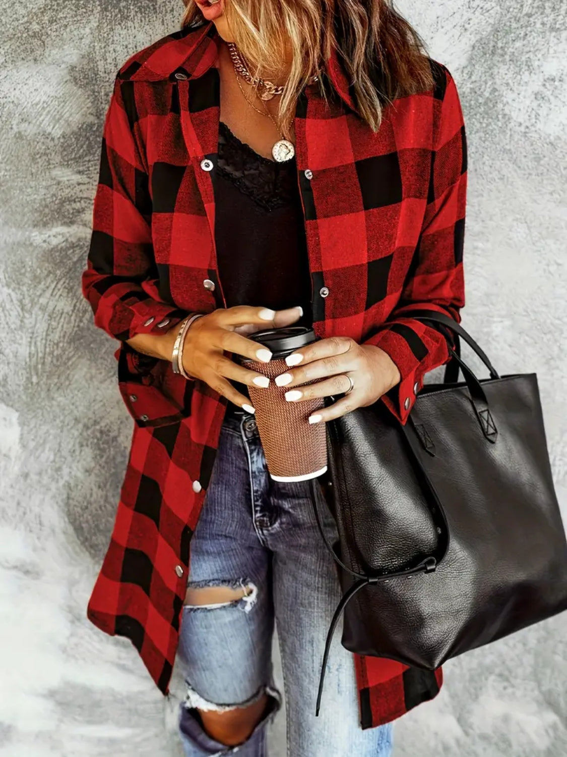 we84 Plaid Collared Long Sleeve Shacket