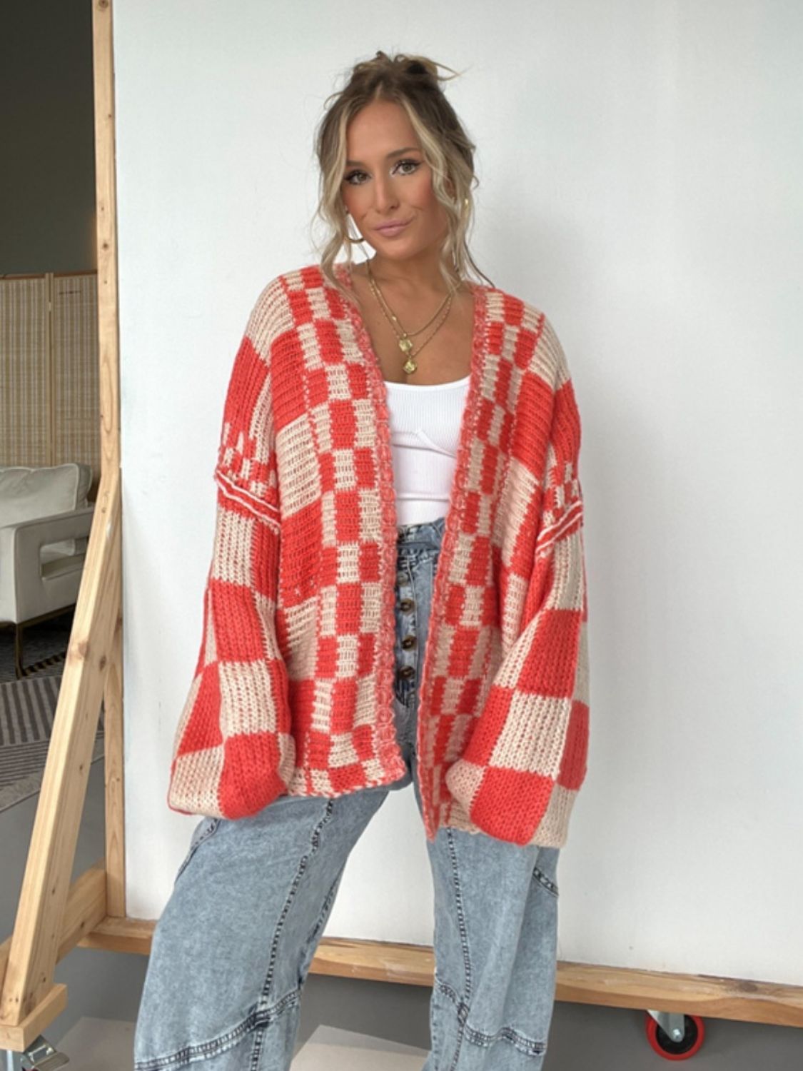 we66 Cozy Checkered Oversized Cardi