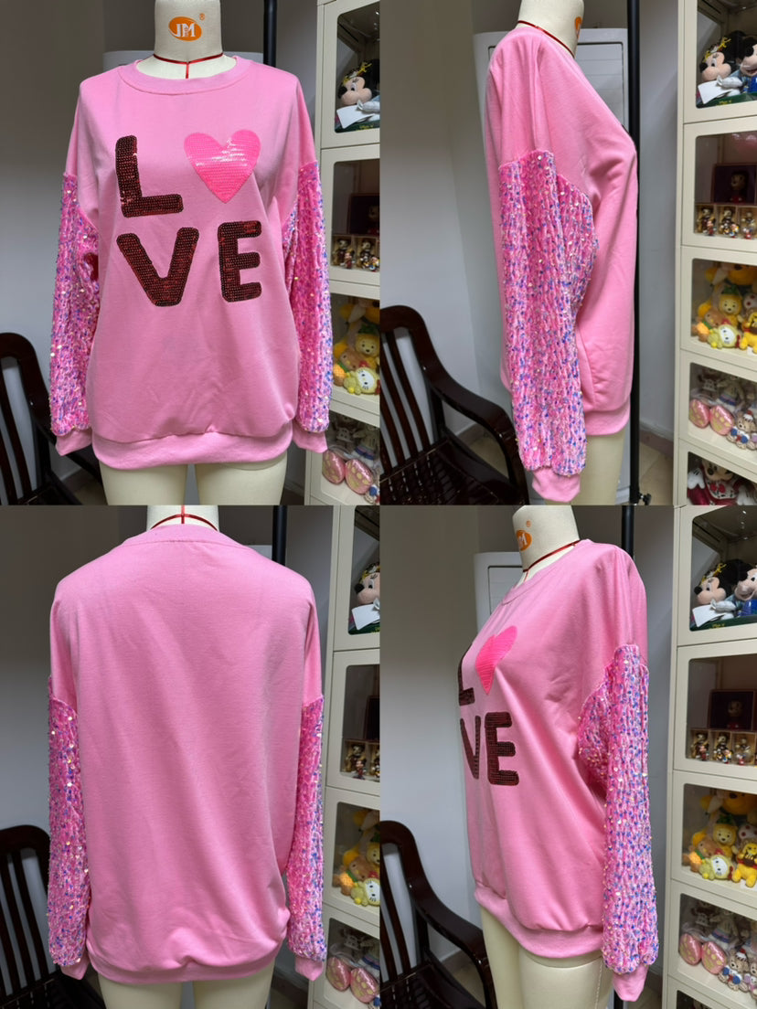 We187 Valentine's Day Sequined Sleeves Versatile Top Sweet Style Long Sleeve Pullover for Women