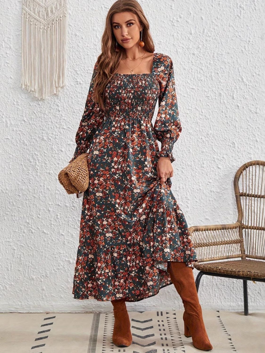 Smocked Floral Square Neck Dress