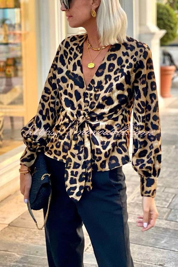 Janae Leopard Print Front Tie-up Lantern Sleeve Casual Blouse