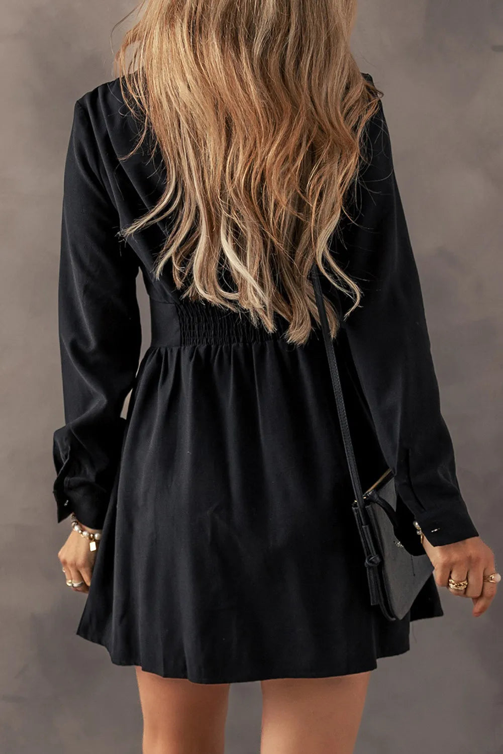 Black + Crystal Button Up Long Sleeve Dress