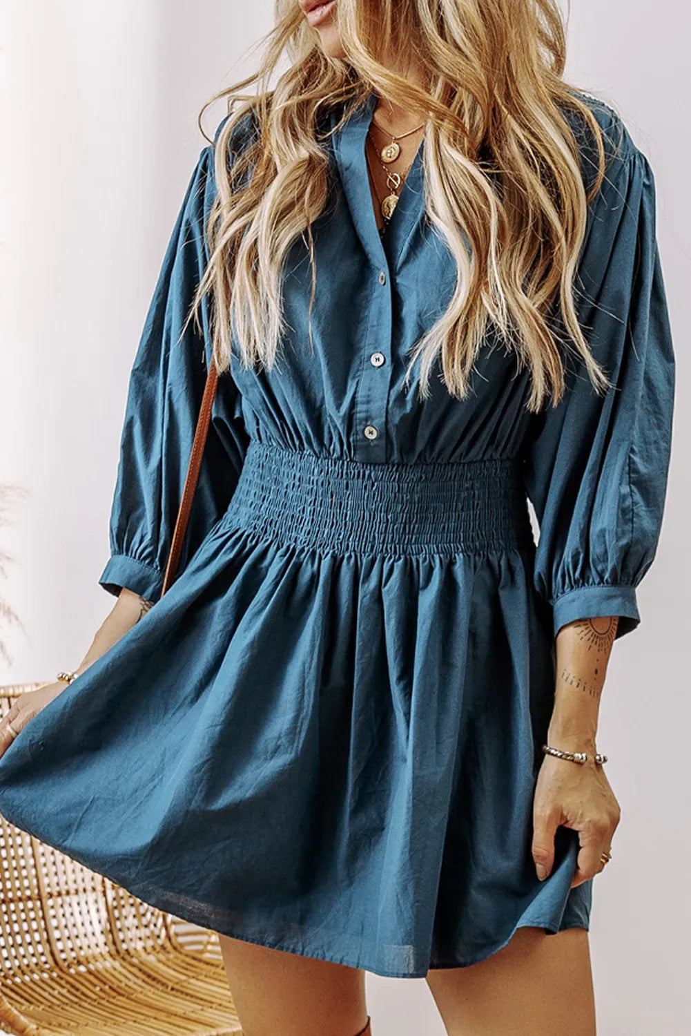 we52 Smocked Half Button 3/4 Sleeve Dress