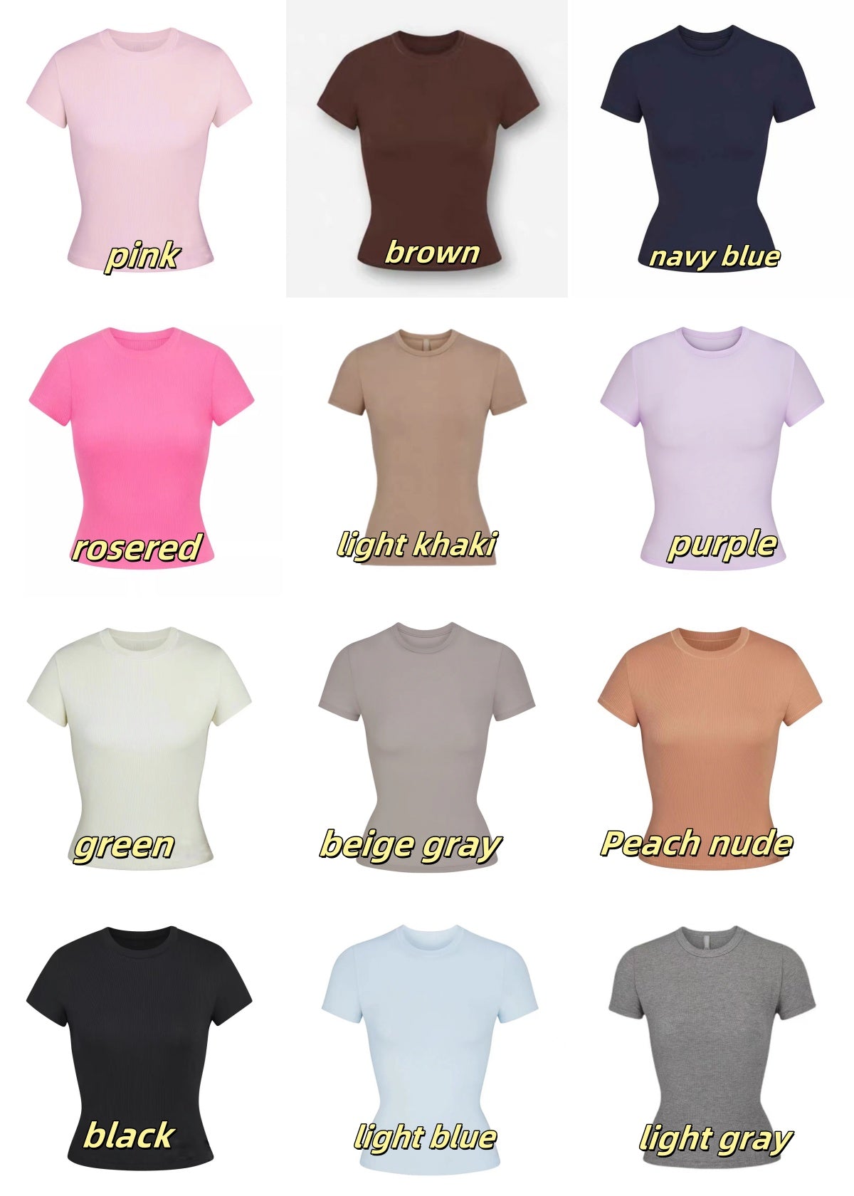 We108 Solid Color Ribbed Short Sleeve Women T-shirts Cotton Tees 12 Colors