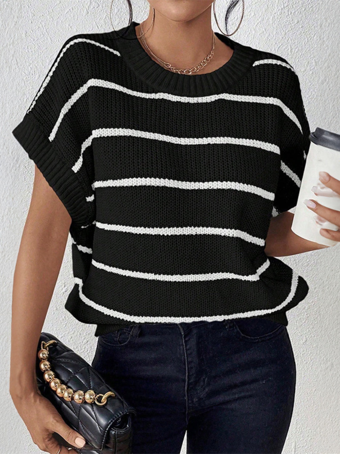 we38 Striped Round Neck Short Sleeve Knit Top