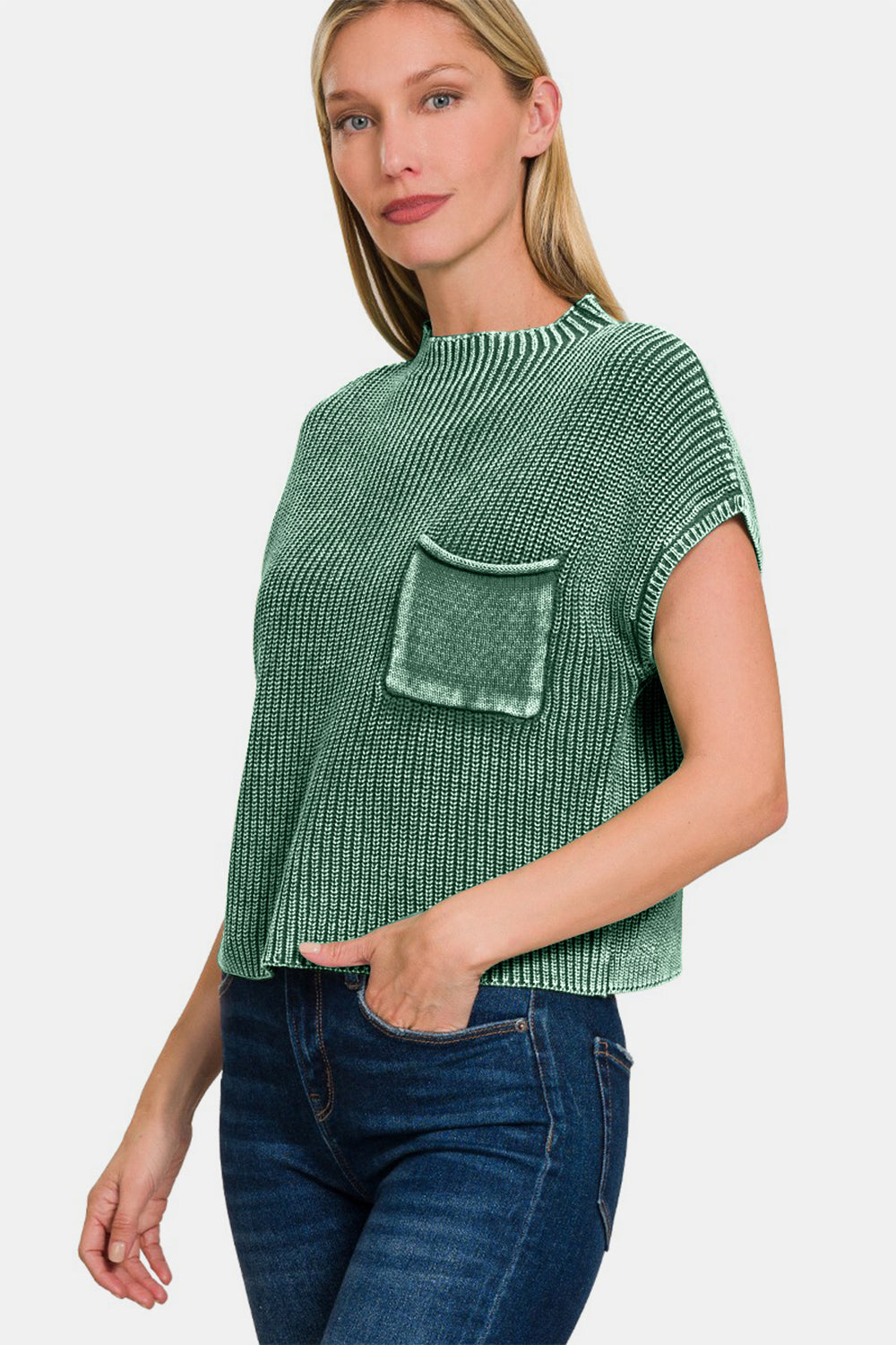 we102 Dark Green Mock Neck Short Sleeve  Sweater