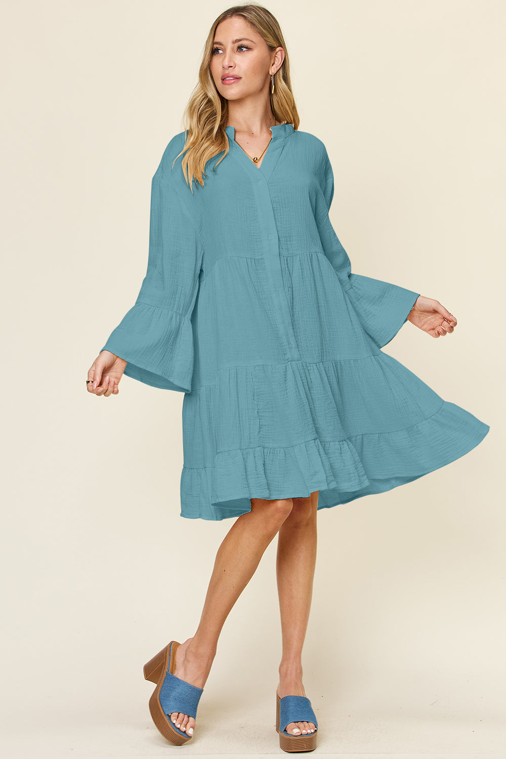 we-3-19 Textured Button Up Ruffle Hem Dress