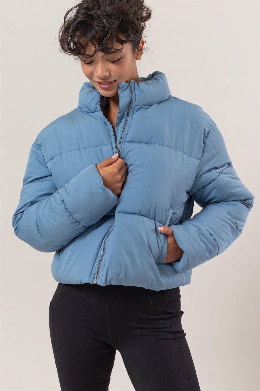 Light Blue Quilted Back Drawstring Puffer Jacket